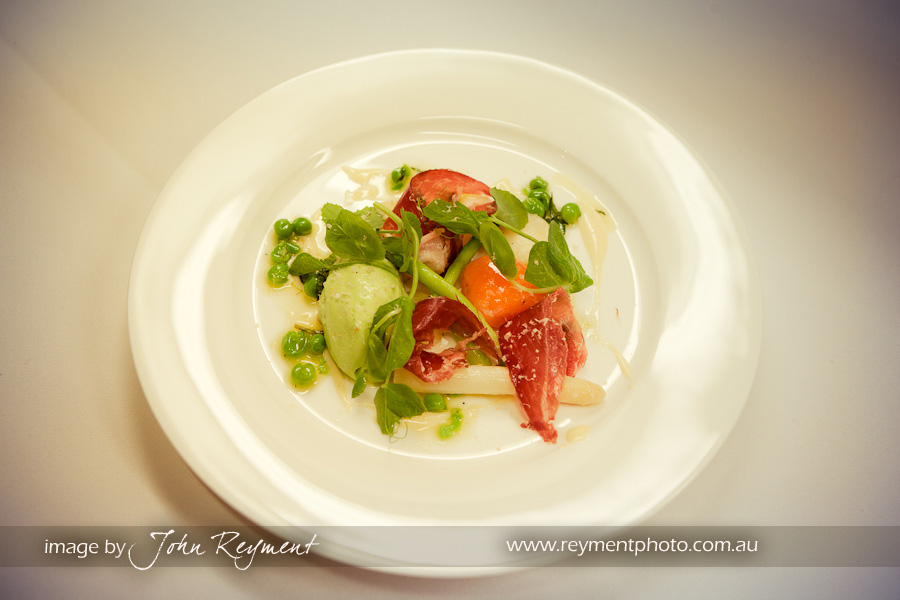 Spicer's Clovelly Estate, Steamed green and white asparagus,pea puree, prosciutto di parma, hazelnut and lemon emulsion.