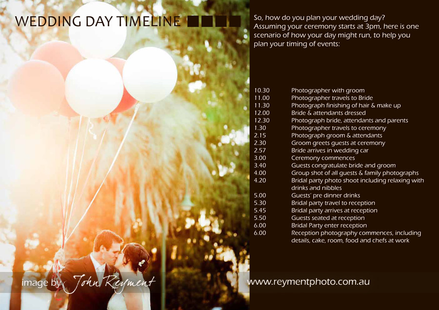 Wedding Day Timetable by Brisbane wedding photographer John Reyment