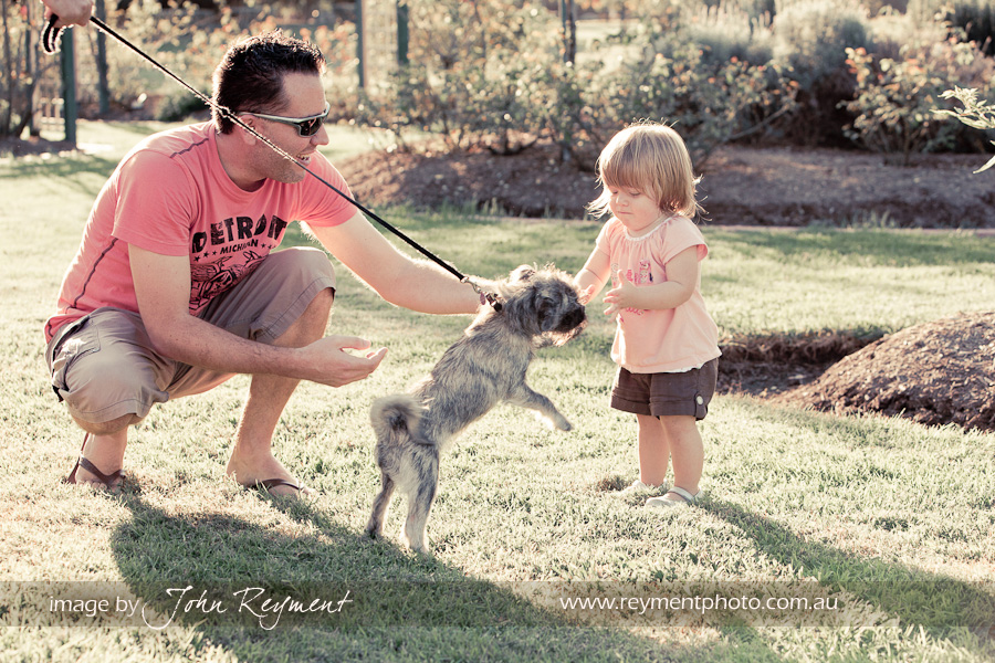 Random dog walking past says hello to Claire in New Farm Park, by Brisbane family portrait photographer John Reyment