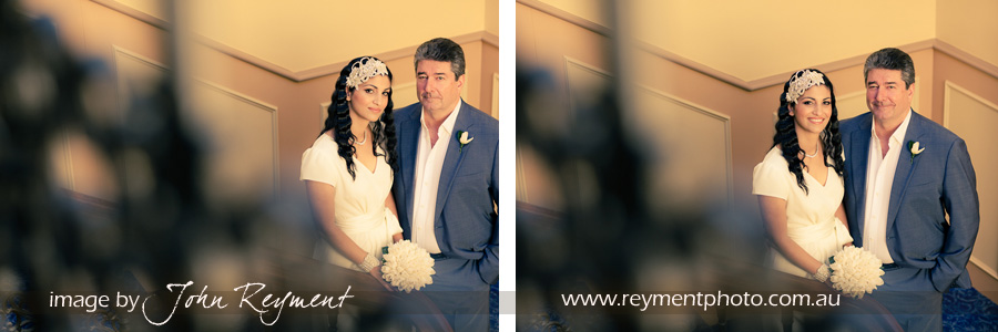 Classic staircase with bride &groom, Conrad Hotel Brisbane, Brisbane wedding photographer Reyment Photographics